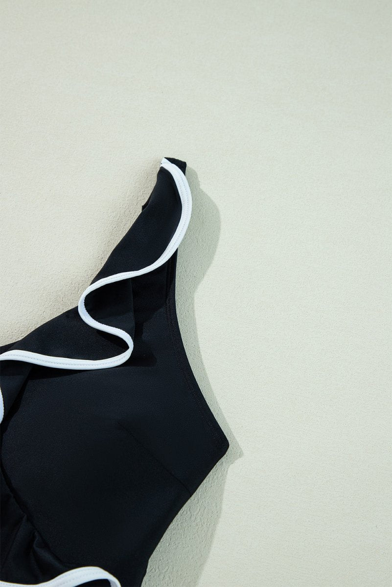Elegant Black Ruffled V-Neck Wrap Swimsuit with Color Contrast - Love Salve